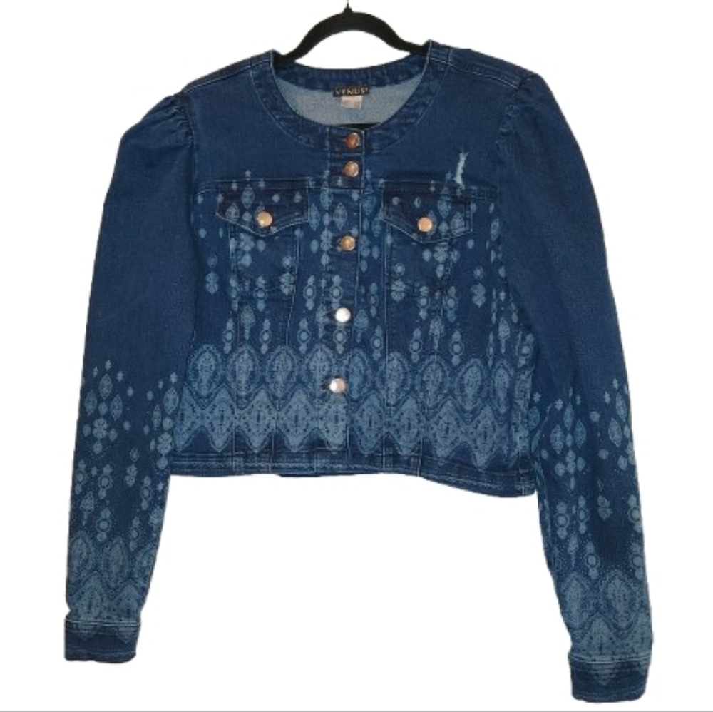 Venus Patterned Cropped Denim Jacket Size L Gathered Puff Sleeve Cottagecore